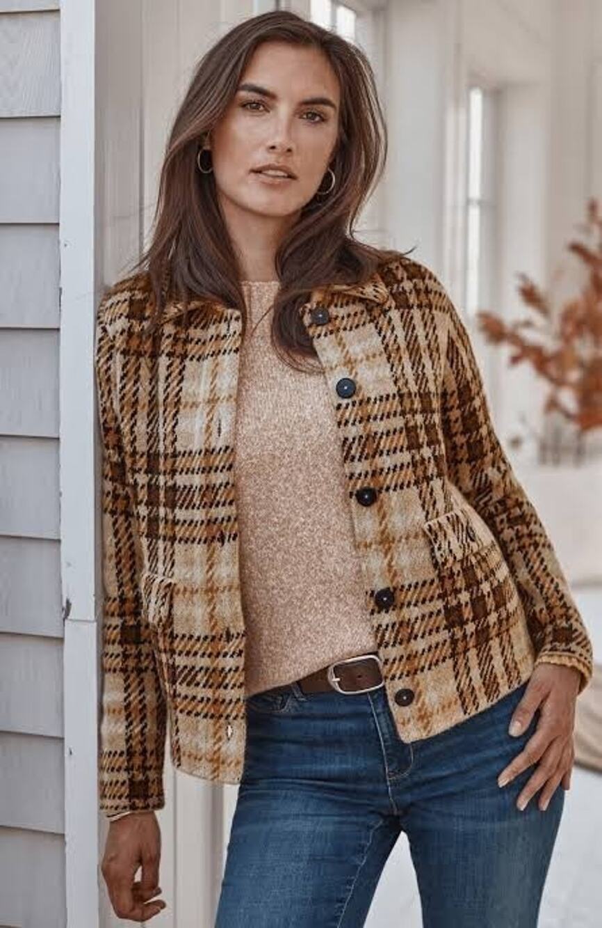 J.Jill Brown Tan Cream Plaid Sweater Jacket Shacket Cardigan Wool Blend Womens L